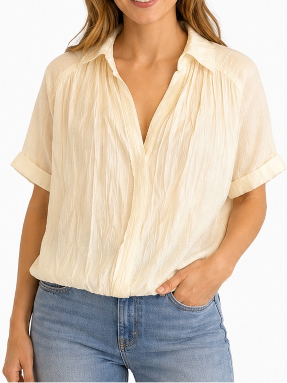 By Together Ivory Crinkle Cropped Blouse Size S Collared Surplice Top